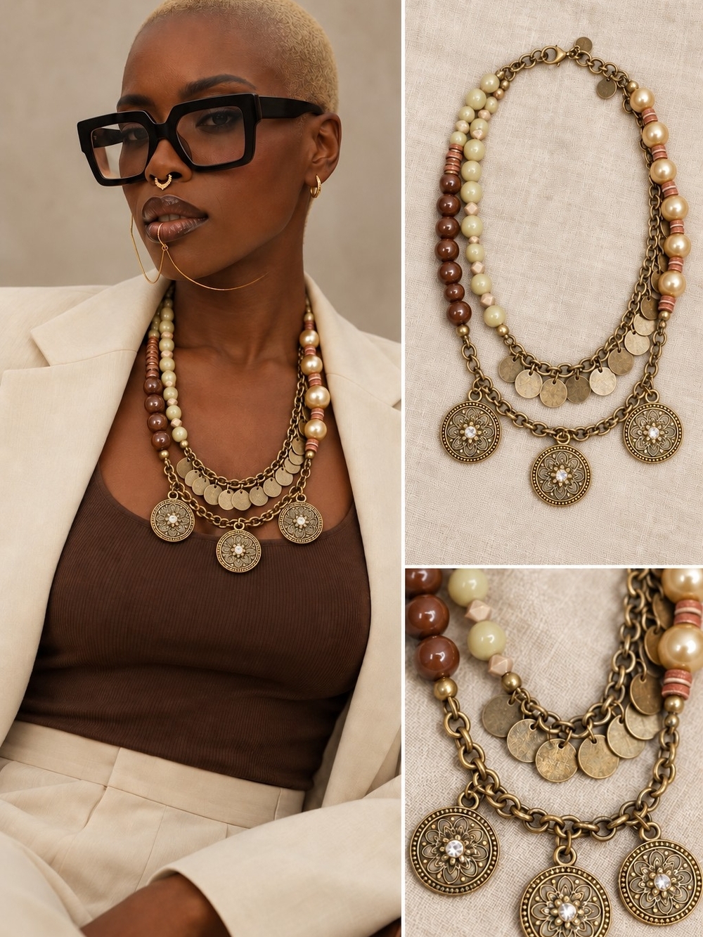 Layered Coin Pendant Necklace in Cream & Brown - Women Jewelry